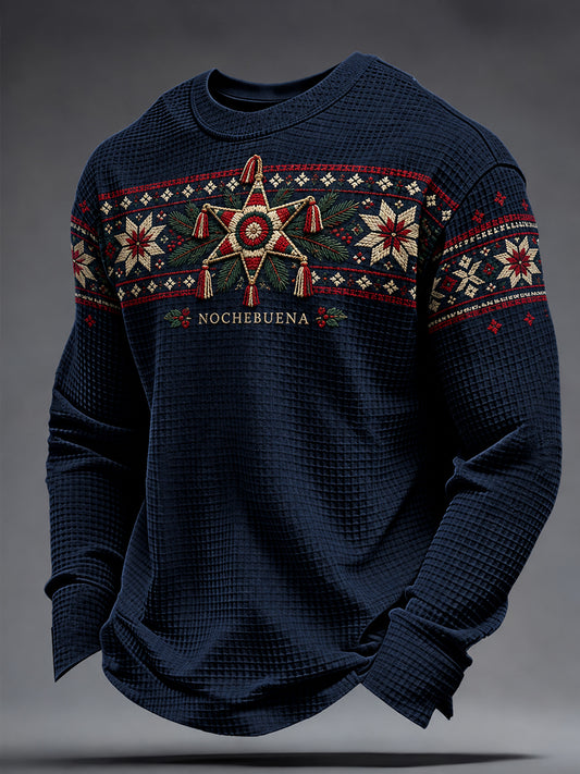 Sudadera de waffle estampada con diseño navideño mexicano para hombre