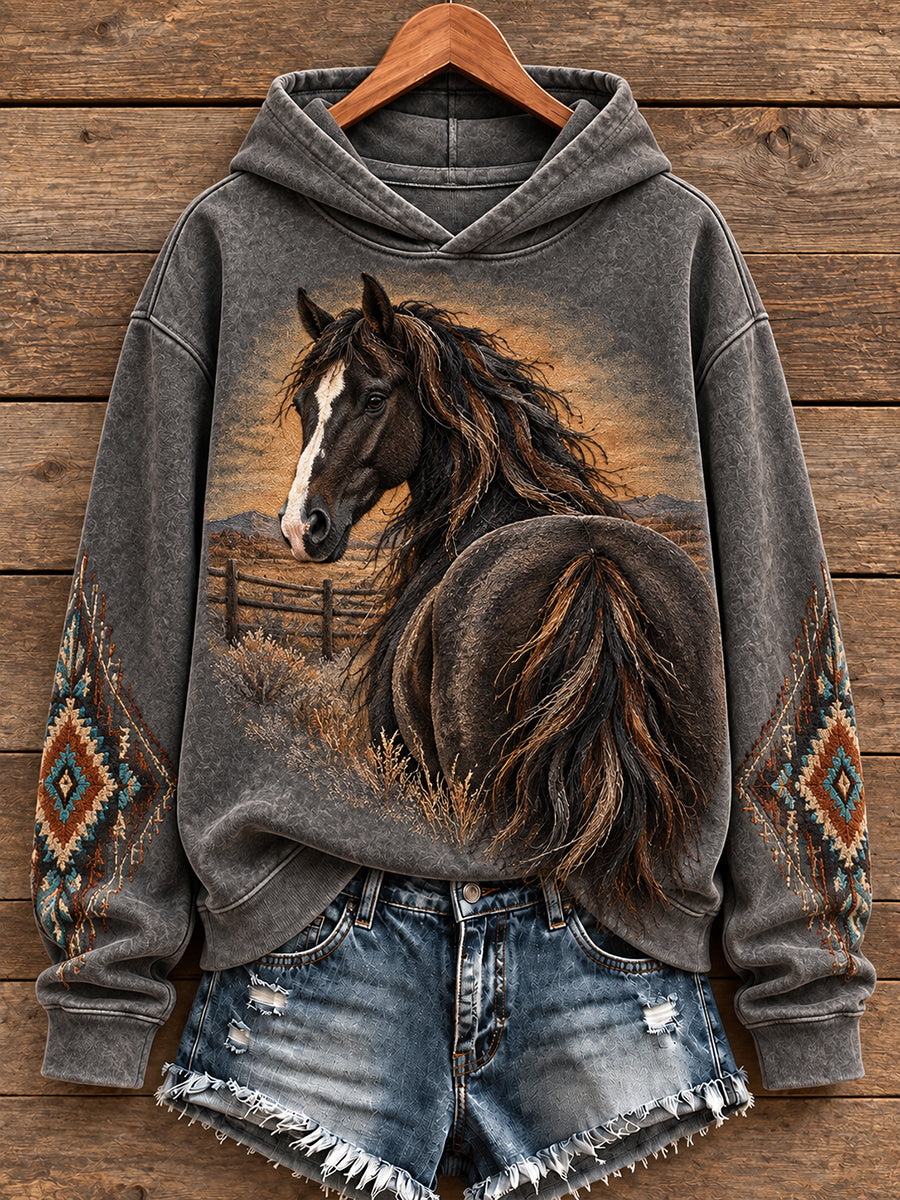 Estilo occidental Vintage caballos amante arte impreso sudadera con capucha de las mujeres