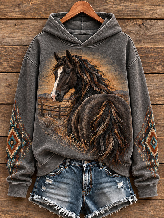 Estilo occidental Vintage caballos amante arte impreso sudadera con capucha de las mujeres