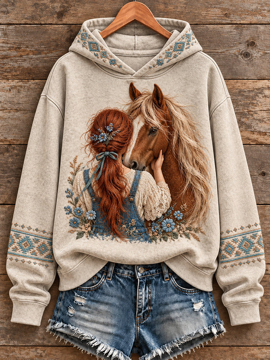 Sudadera con capucha estampada con diseño vintage de caballos para amantes del estilo vaquero femenino
