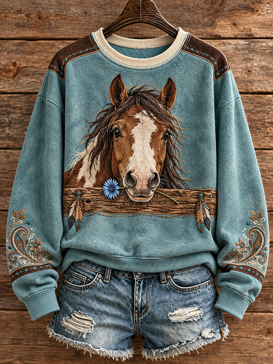 Sudadera con estampado artístico de animales estilo vaquero vintage para mujer
