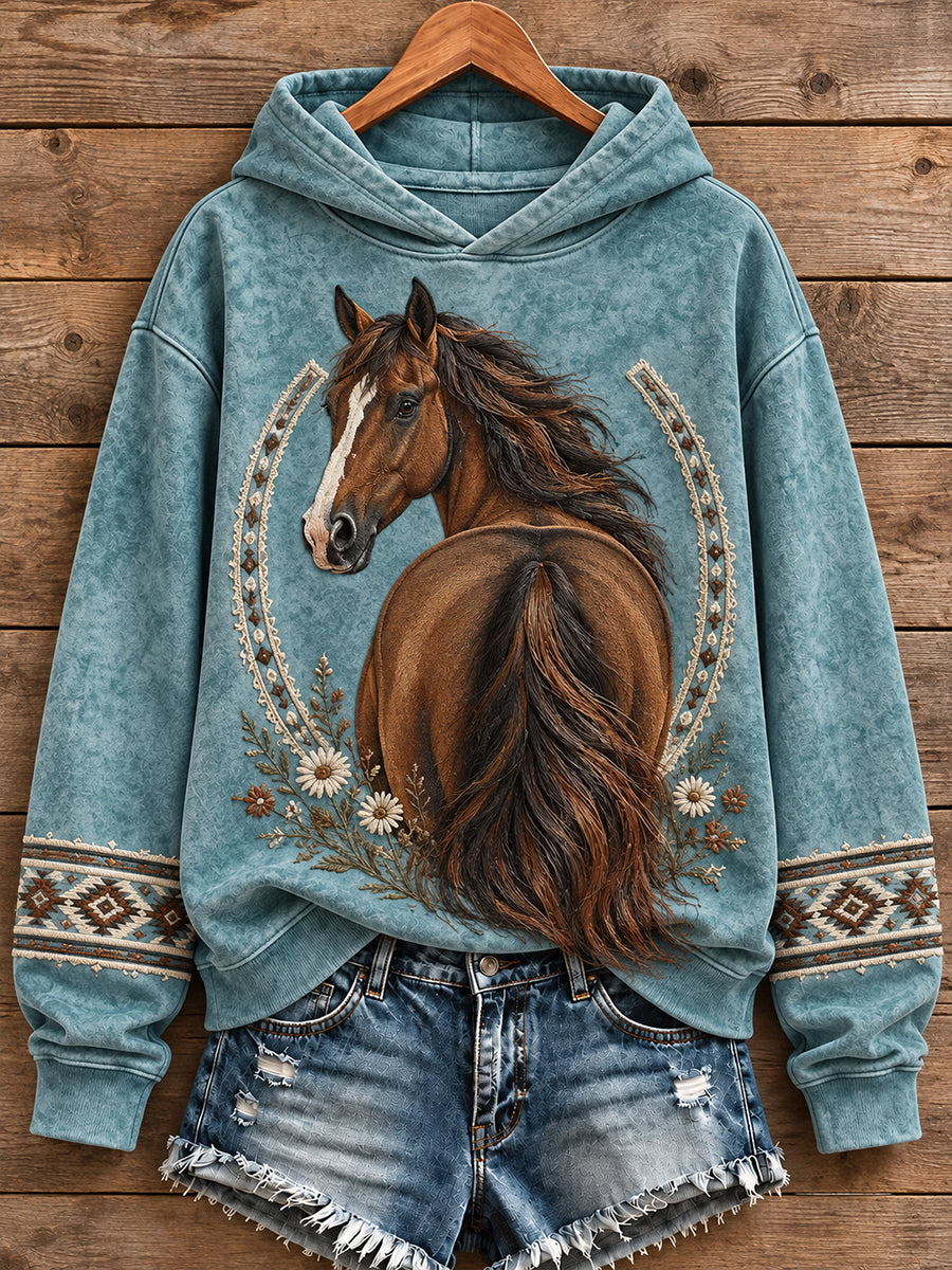 Sudadera con capucha estampada con diseño vintage de caballos para amantes del estilo vaquero femenino
