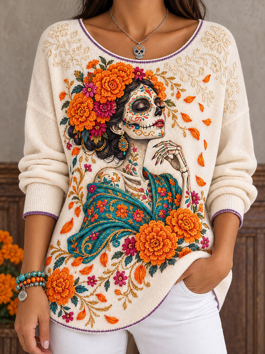 Camisetas estampadas con diseño floral del Día de los Muertos mexicano para mujer