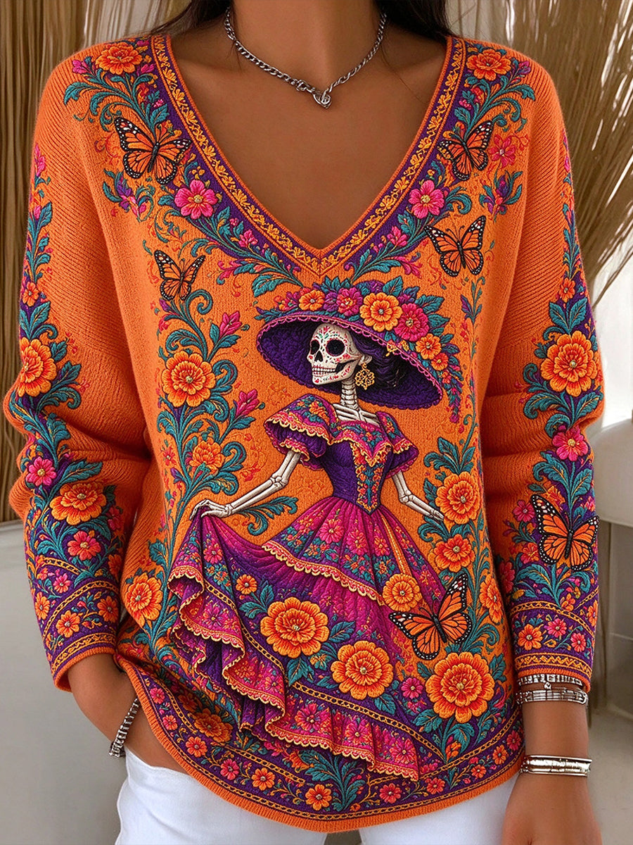 Camisetas estampadas con diseño floral del Día de los Muertos mexicano para mujer