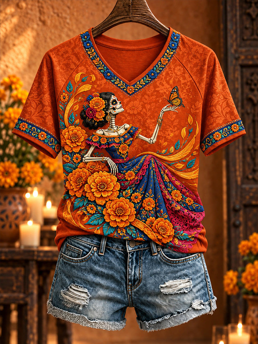 Camiseta estampada con diseño floral del Día de los Muertos mexicano para mujer