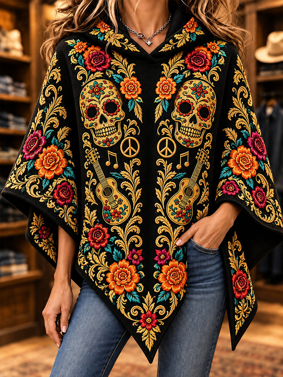 Suéter tipo capa con diseño del Día de los Muertos de México para mujer