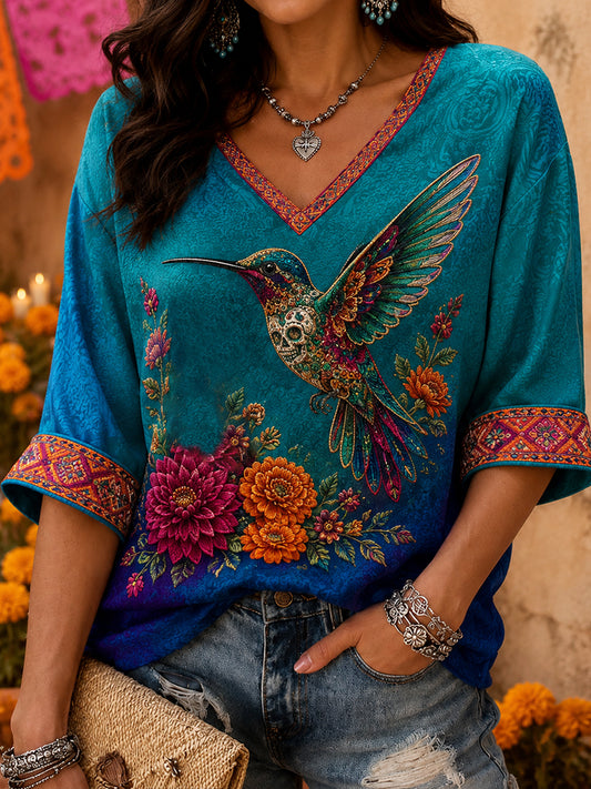 Camiseta estampada con diseño floral del Día de los Muertos mexicano para mujer