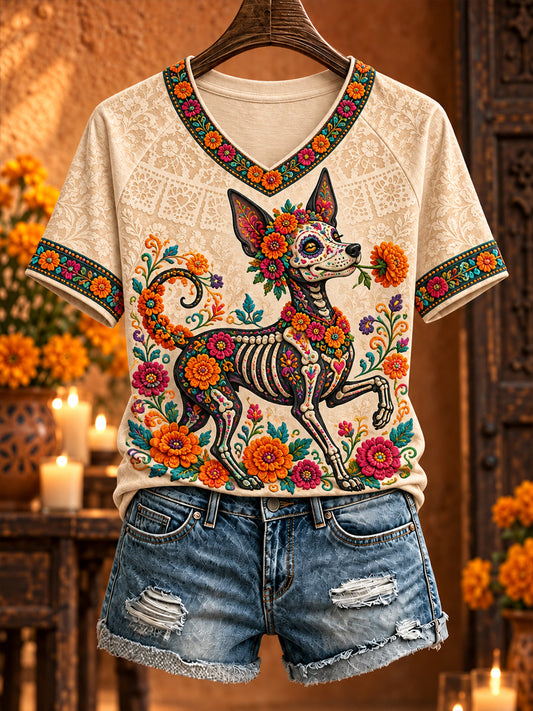 Camiseta estampada con diseño floral del Día de los Muertos mexicano para mujer