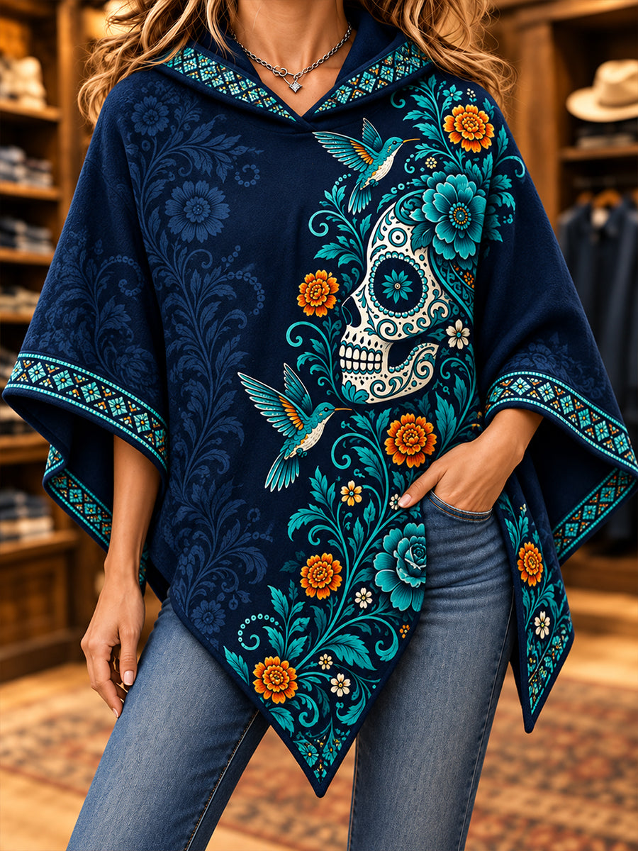 Suéter tipo capa con diseño del Día de los Muertos de México para mujer