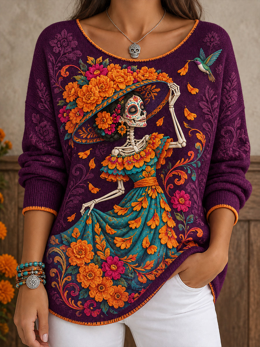Camisetas estampadas con diseño floral del Día de los Muertos mexicano para mujer