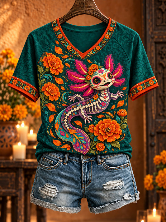 Camiseta estampada con diseño floral del Día de los Muertos mexicano para mujer