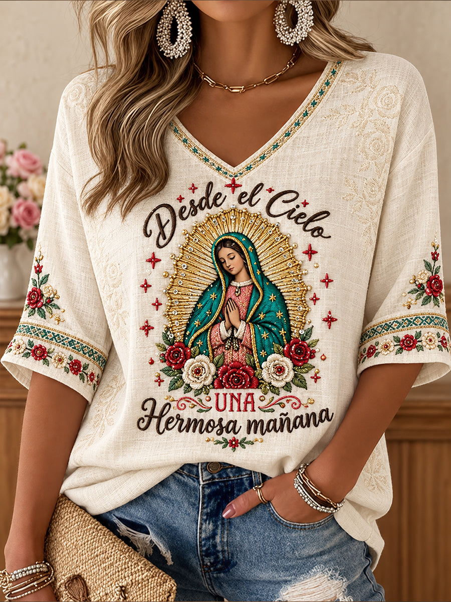 Camiseta estampada con diseño religioso para amantes de la fe, Día de Nuestra Señora de Guadalupe, para mujer