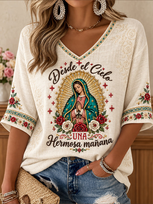 Camiseta estampada con diseño religioso para amantes de la fe, Día de Nuestra Señora de Guadalupe, para mujer