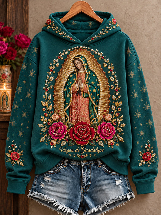 Sudadera con capucha estampada para amantes de la fe, Día de Nuestra Señora de Guadalupe, diseño para mujeres