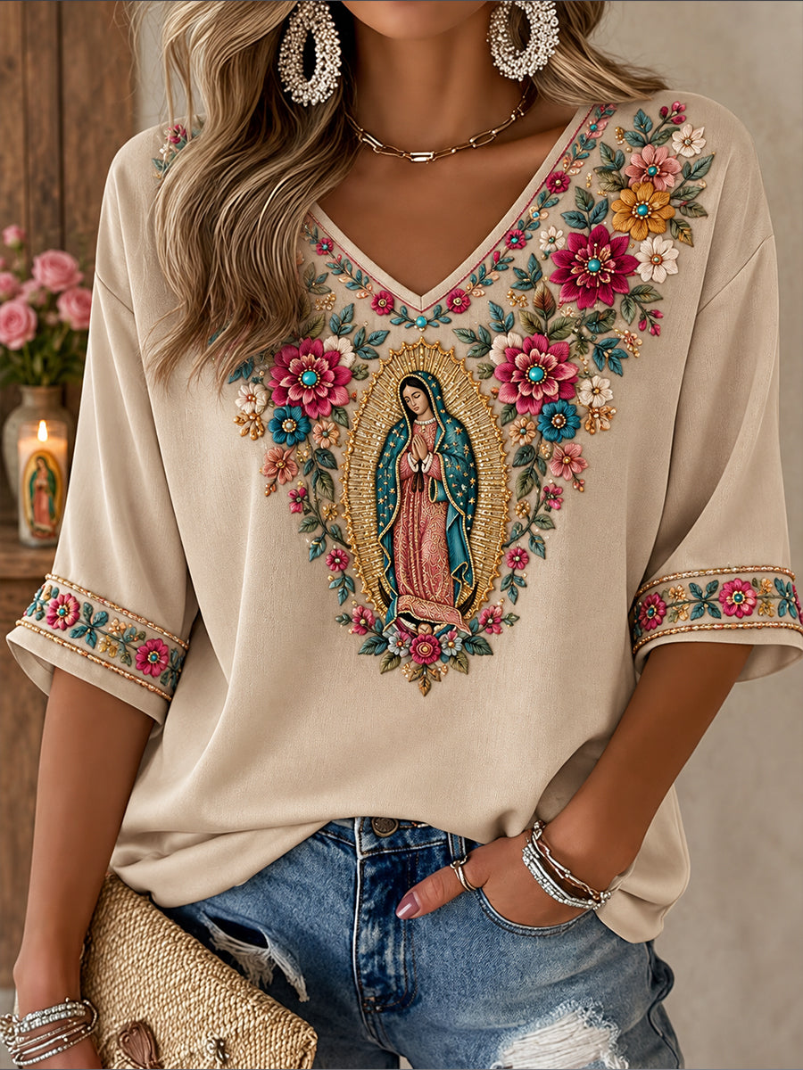 Camiseta estampada con diseño religioso para amantes de la fe, Día de Nuestra Señora de Guadalupe, para mujer