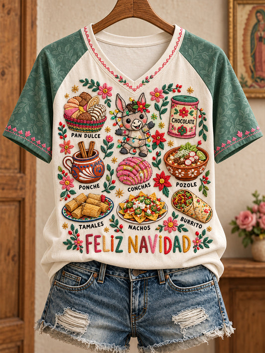 Camiseta estampada con diseño navideño de México para mujer