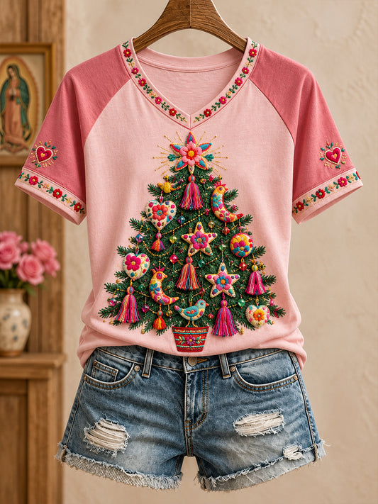 Camiseta estampada con diseño navideño de México para mujer
