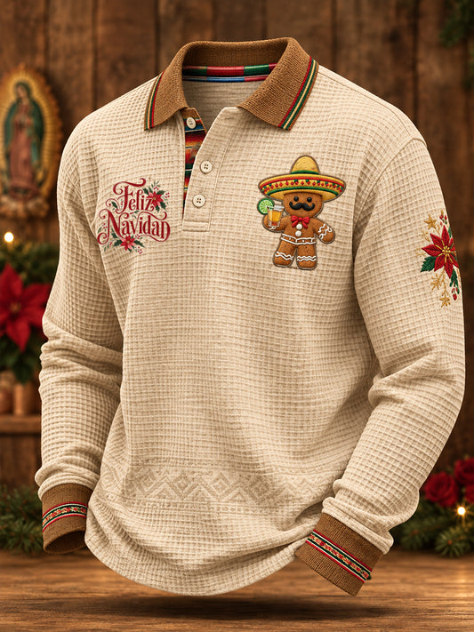 Camisetas casuales de waffle con estampado navideño mexicano para hombre