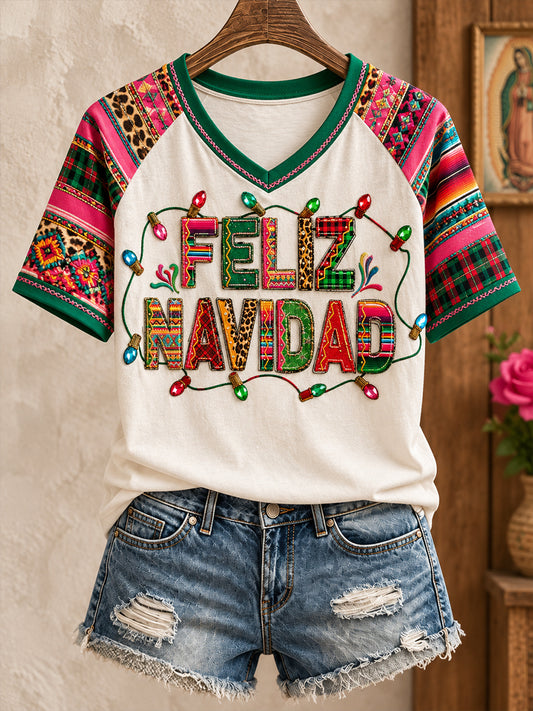 Camiseta estampada con diseño navideño de México para mujer