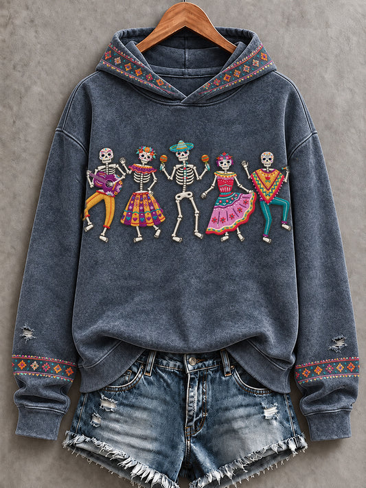 Sudadera con capucha estampada con diseño floral del Día de los Muertos mexicano para mujer