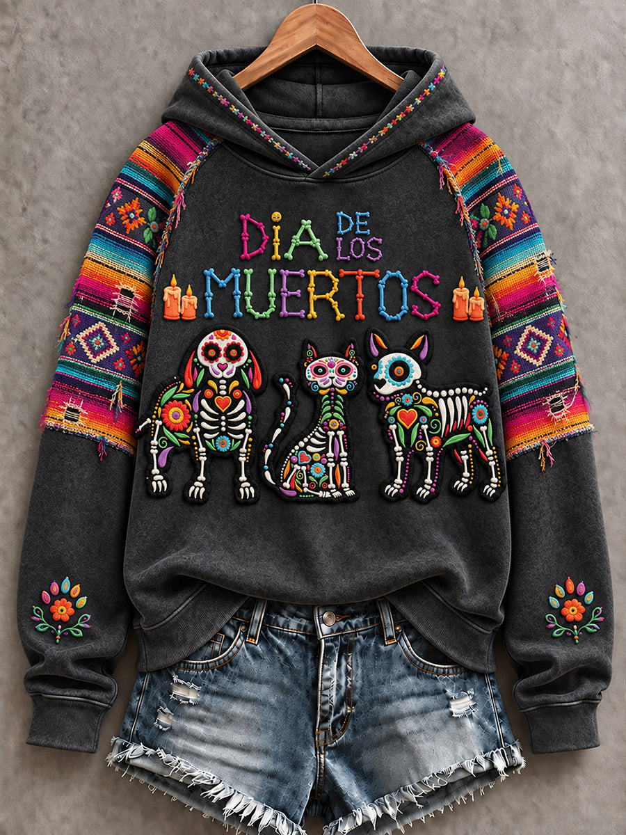 Sudadera con capucha estampada con diseño floral del Día de los Muertos mexicano para mujer