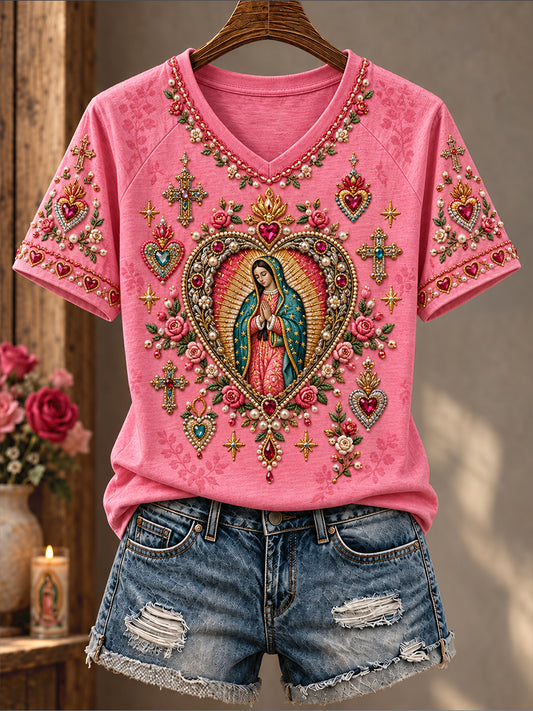 Camiseta estampada con diseño religioso para el Día de Nuestra Señora de Guadalupe en México, para mujer