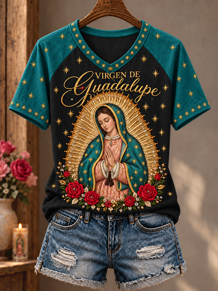 Camiseta estampada con diseño religioso para el Día de Nuestra Señora de Guadalupe en México, para mujer