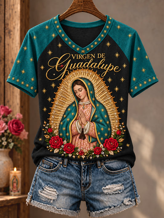 Camiseta estampada con diseño religioso para el Día de Nuestra Señora de Guadalupe en México, para mujer