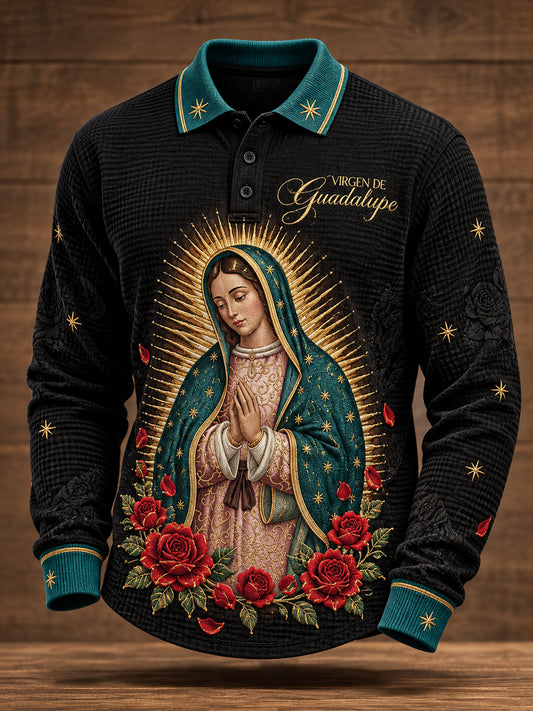 Camisetas casuales de waffle estampadas con diseño religioso para el Día de Nuestra Señora de Guadalupe, colección masculina México