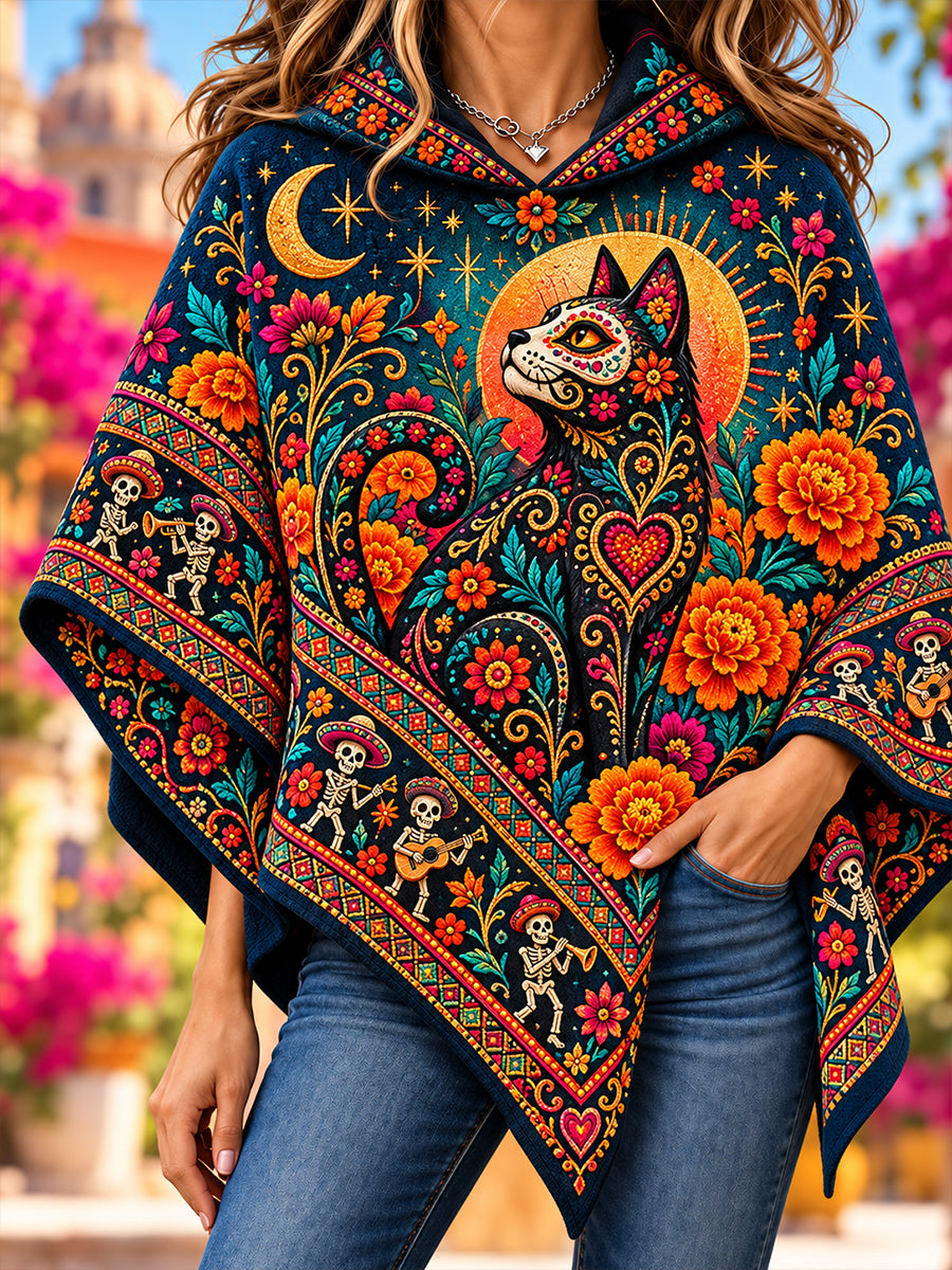 Suéter tipo capa con diseño del Día de los Muertos de México para mujer