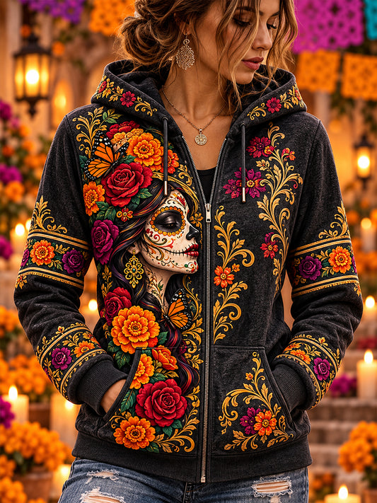 Sudadera con capucha y cremallera para mujer del Día de los Muertos de México