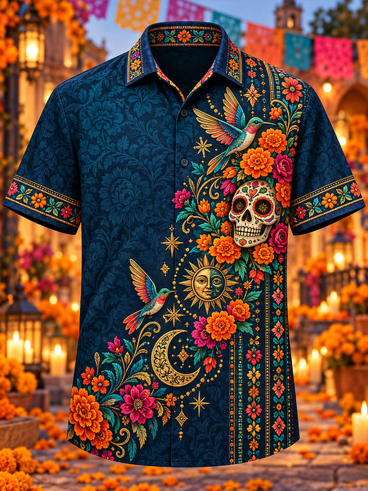 Camisa de manga corta con estampado de día de muertos de México para hombre