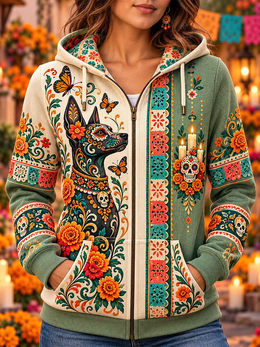 Sudadera con capucha y cierre de la Día de Muertos mexicana para mujer