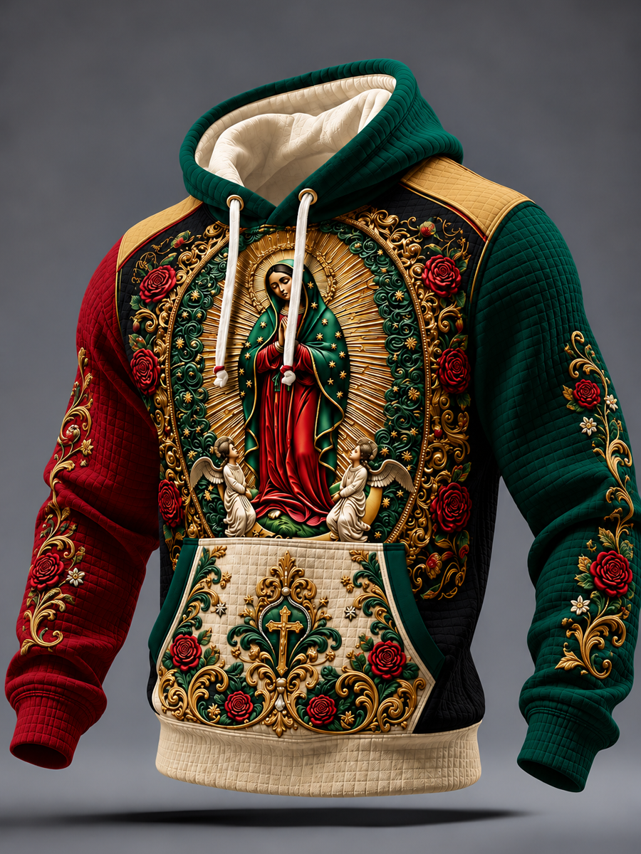 Sudadera con capucha de algodón a cuadros estampada con arte de la Fiesta de Nuestra Señora de Guadalupe para hombre