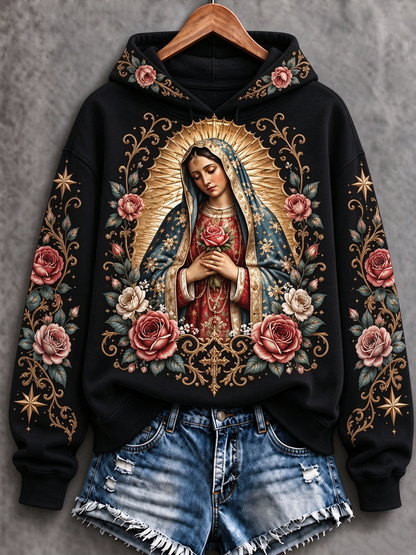 Sudadera estampada de corte clásico con diseño artístico de la Fiesta de Nuestra Señora de Guadalupe para mujer