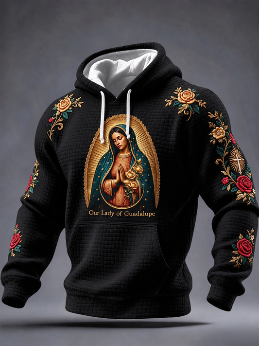 Fiesta de los hombres de Nuestra Señora de Guadalupe arte Impreso Sudadera con capucha de algodón a cuadros