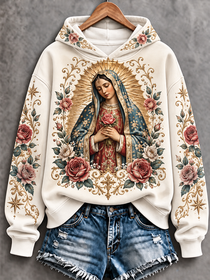 Sudadera estampada de corte clásico con diseño artístico de la Fiesta de Nuestra Señora de Guadalupe para mujer