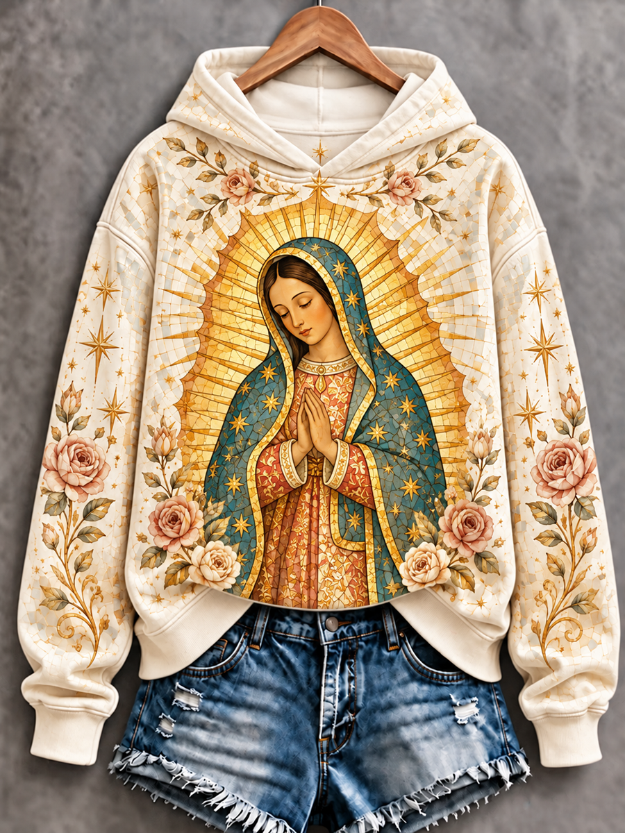 Sudadera estampada de corte clásico con diseño artístico de la Fiesta de Nuestra Señora de Guadalupe para mujer