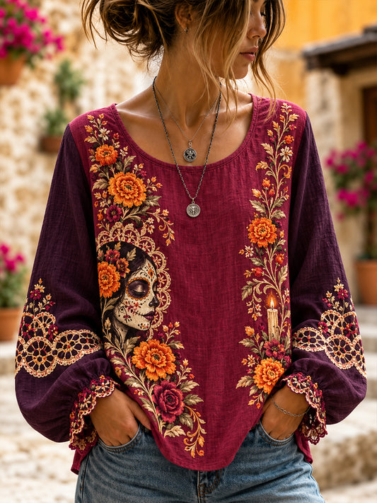 Camisa de algodón y lino para el Día de los Muertos de México, estilo femenino