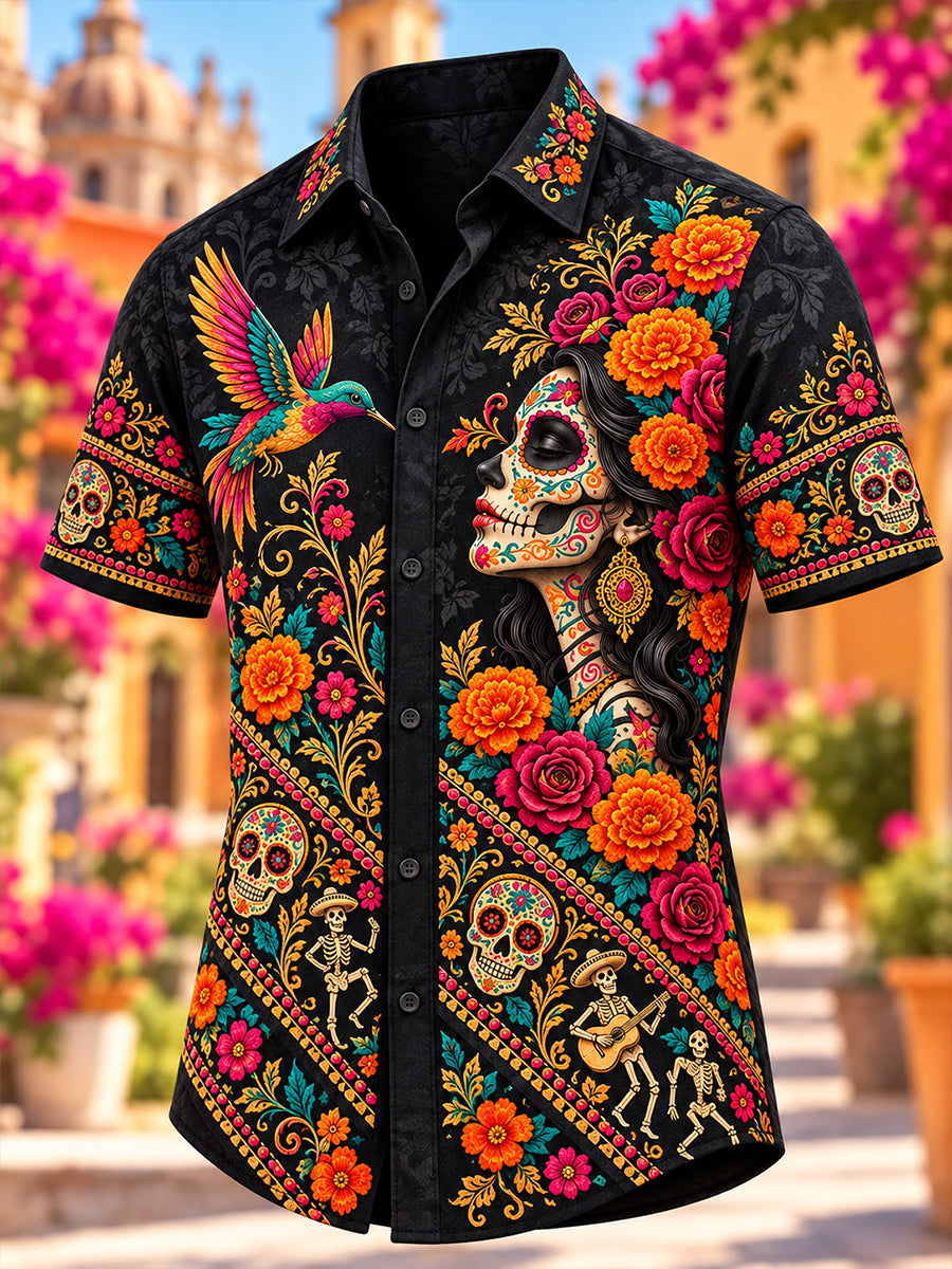 Camisa de manga corta con estampado artístico del Día de los Muertos de México para hombre