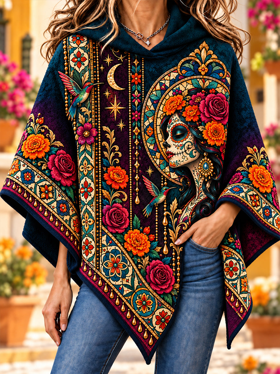 Suéter tipo capa con diseño del Día de los Muertos de México para mujer