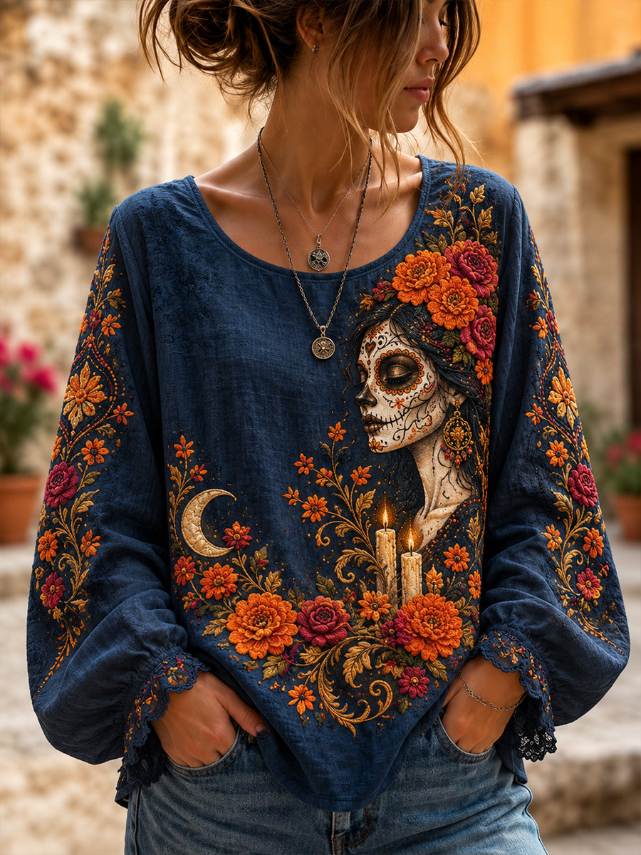 Camisa de algodón y lino para mujer del Día de los Muertos de México