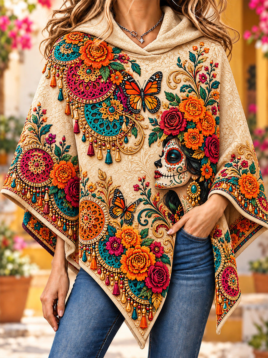 Suéter tipo capa con diseño del Día de los Muertos de México para mujer