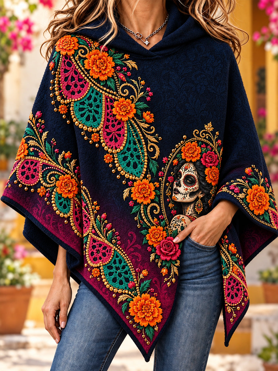 Suéter tipo capa con diseño del Día de los Muertos de México para mujer