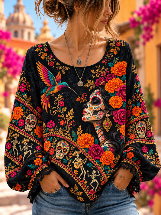 Camisa de algodón y lino para el Día de los Muertos de México, estilo femenino