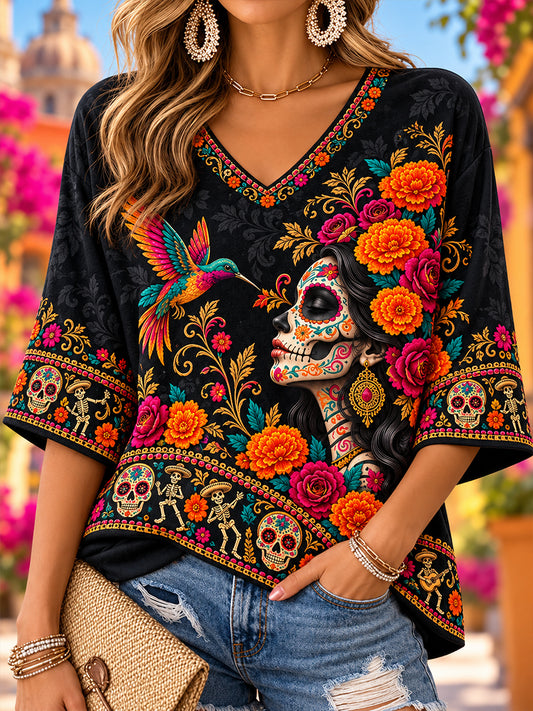 Día de México de las mujeres del patrón muerto camisa de lino con cuello en V