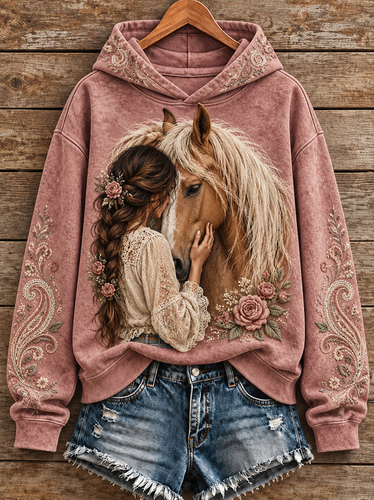 Sudadera con capucha estampada para amantes de los caballos, estilo vaquero vintage para mujer