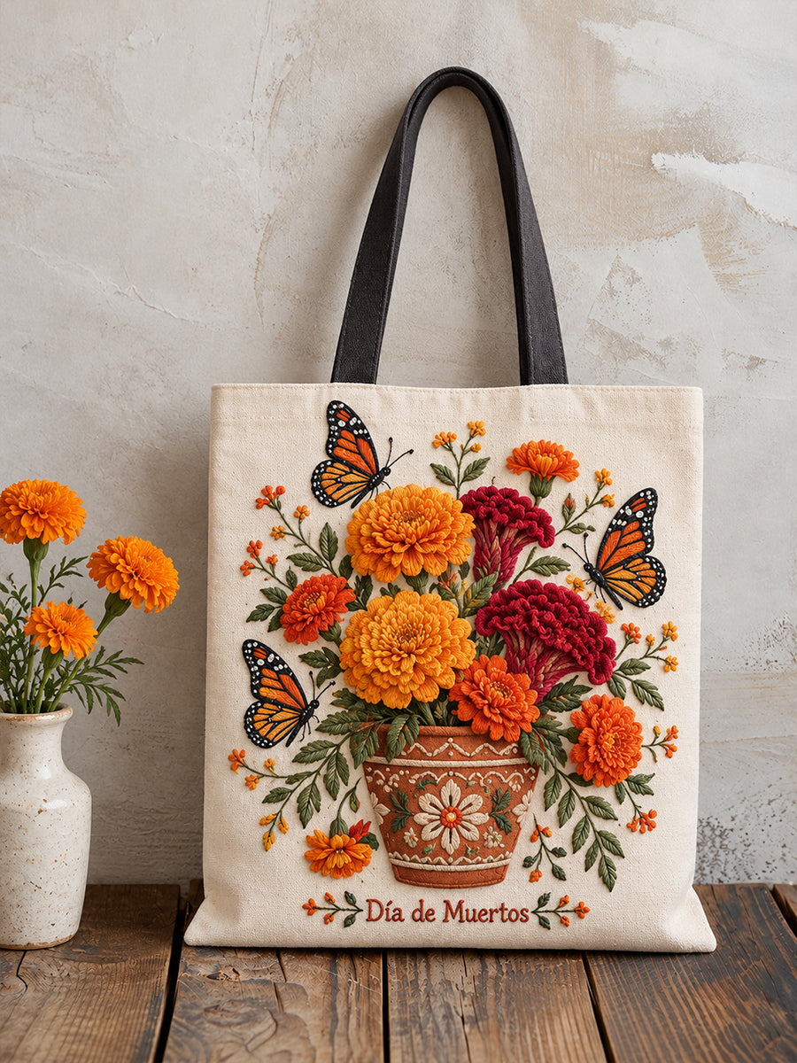 Bolso de lona estampado con arte floral del Día de los Muertos de México