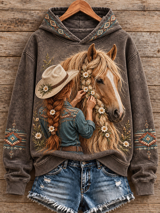 Sudadera con capucha estampada para amantes de los caballos, estilo vaquero vintage para mujer