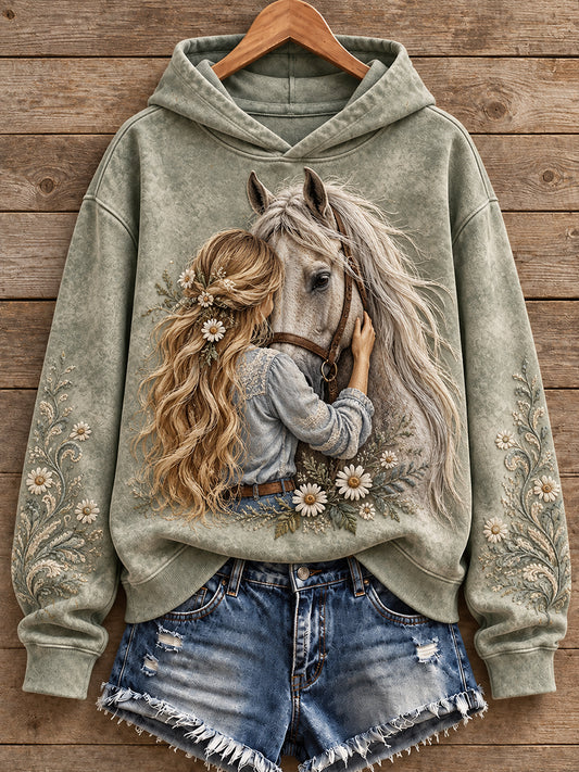 Mujer Vintage Western Syle Horses Lover Impreso Hoodie